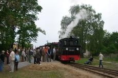 Großer Menschenauflauf vor der Abfahrt des Zuges mit 99 4511 in Lindenberg.