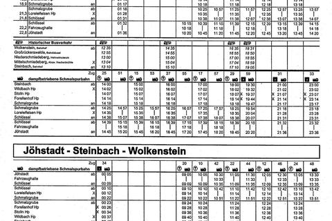 Pfingsten 2012: Fahrplan Steinbach - Jöhstadt mit Historischem Schienenersatzverkehr Wolkenstein - Steinbach