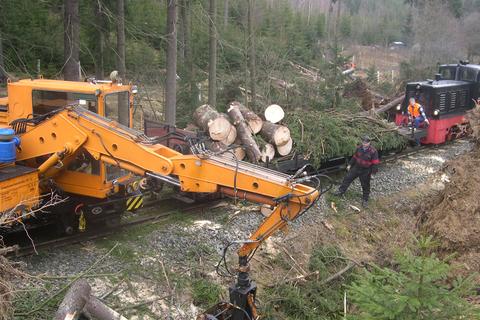 Auf dem Flachwagen werden Holzstumpen und Reißig aufgeladen, um den Bahngraben wieder frei zu bekommen.