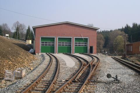 Blick über die „gestaltete“ Gleisanlage vor der Ausstellungs- und Fahrzeughalle.