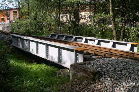 Brücke über einen kleinen Bach, der in das Jöhstädter Schwarzwasser mündet. Im Hintergrund die Ausstellungs- und Fahrzeughalle