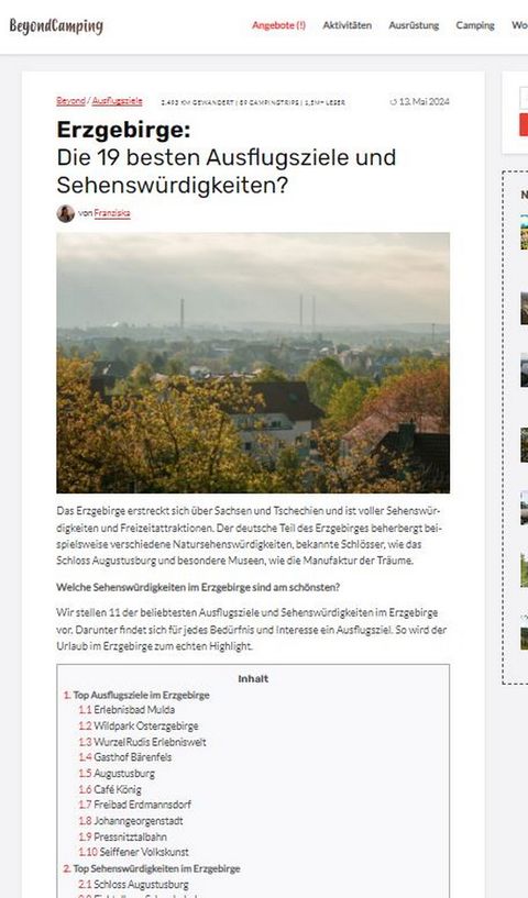 Screenshot der Website von Beyondcamping mit den Empfehlungen aus dem Erzgebirge.