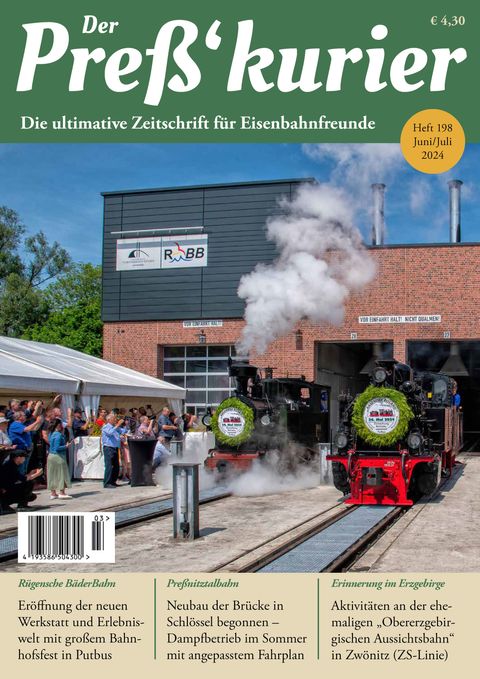 Cover PK 198: Der Moment der Eröffnung der neuen Werkstatt der RüBB und der Erlebniswelt im Bahnhof Putbus
am 24. Mai 2024 mit den geladenen Gästen sowie den Loks I K Nr. 54 und 99 4652. Foto: Jürgen Herold