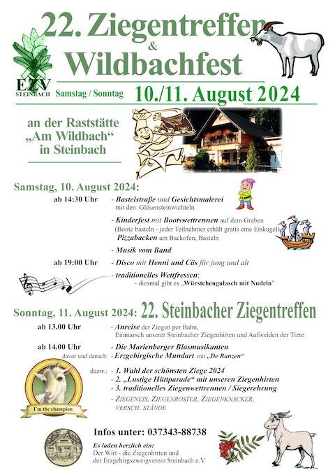 Veranstaltungsankündigung zum 22. Ziegentreffen & Wildbachfest am 10. und 11. August.