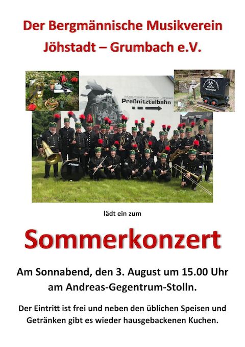 Veranstaltungsankündigung zum Sommerkonzert am 3. August 2024 am Andreas-Gegentrum-Stolln.