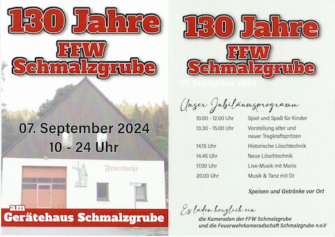 Veranstaltungsankündigung „130 Jahre Freiwillige Feuerwehr Schmalzgrube“ am 7. September 2024