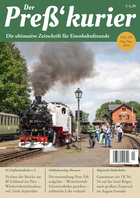 Cover PK 199: Die Überraschungslokomotiven der diesjährigen Historik Mobil waren die I K Nr. 54 und die für drei Tage mit einem Fotografieranstrich versehene Einheitslok 99 731, hier im Bf Bertsdorf. Foto: Armin-Peter Heinze