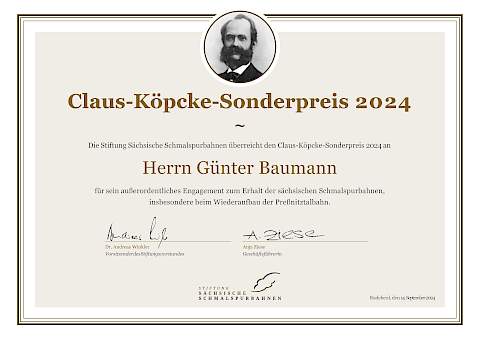 Urkunde für den „Claus-Köpcke-Sonderpreis 2024“ für Herrn Günter Baumann