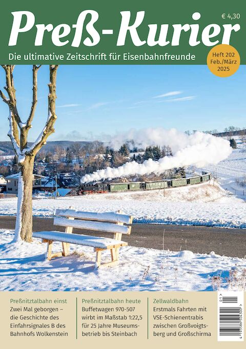 Das Titelbild der Ausgabe 202: Die „Fotokurve“ am Hofweg in Cranzahl mit dem Bärenstein im Hintergrund hielt Hendrik Flath am 25. Dezember 2024 im Bild fest. An diesem ersten Weihnachtsfeiertag führte 99 1785-7 den Zug nach Oberwiesenthal.